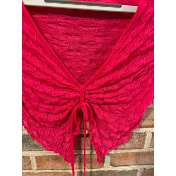 Pink Sheer Textured Cropped Top W/Drawstring Y2K 90s - Picture 2 of 6